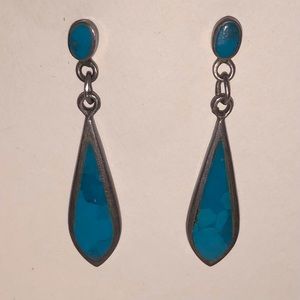 Vintage Inlaid Opal and Sterling Silver Drop Earrings